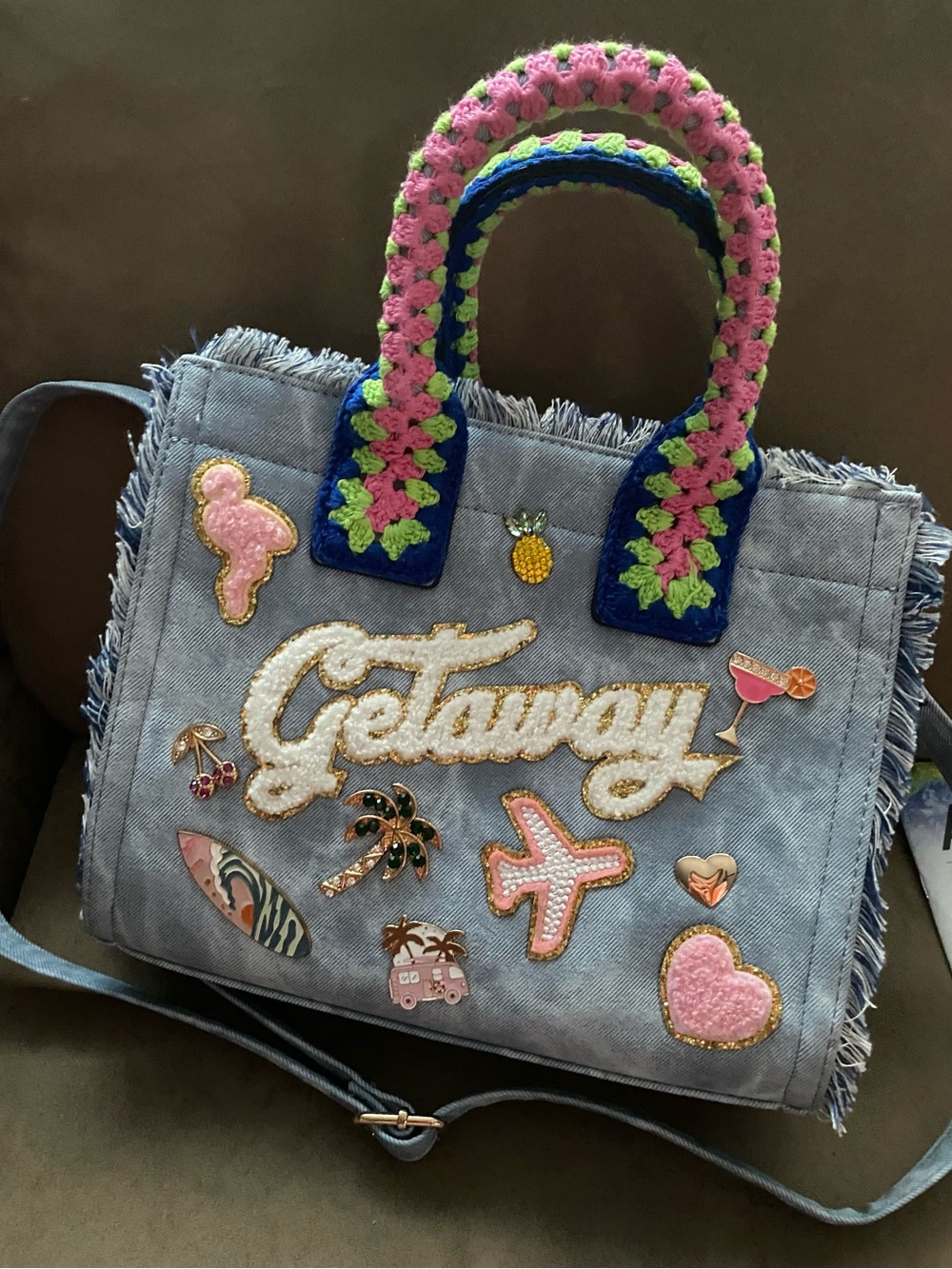 Aldo Denim 'Getaway' Tote with Pink & Green Crocheted Handles